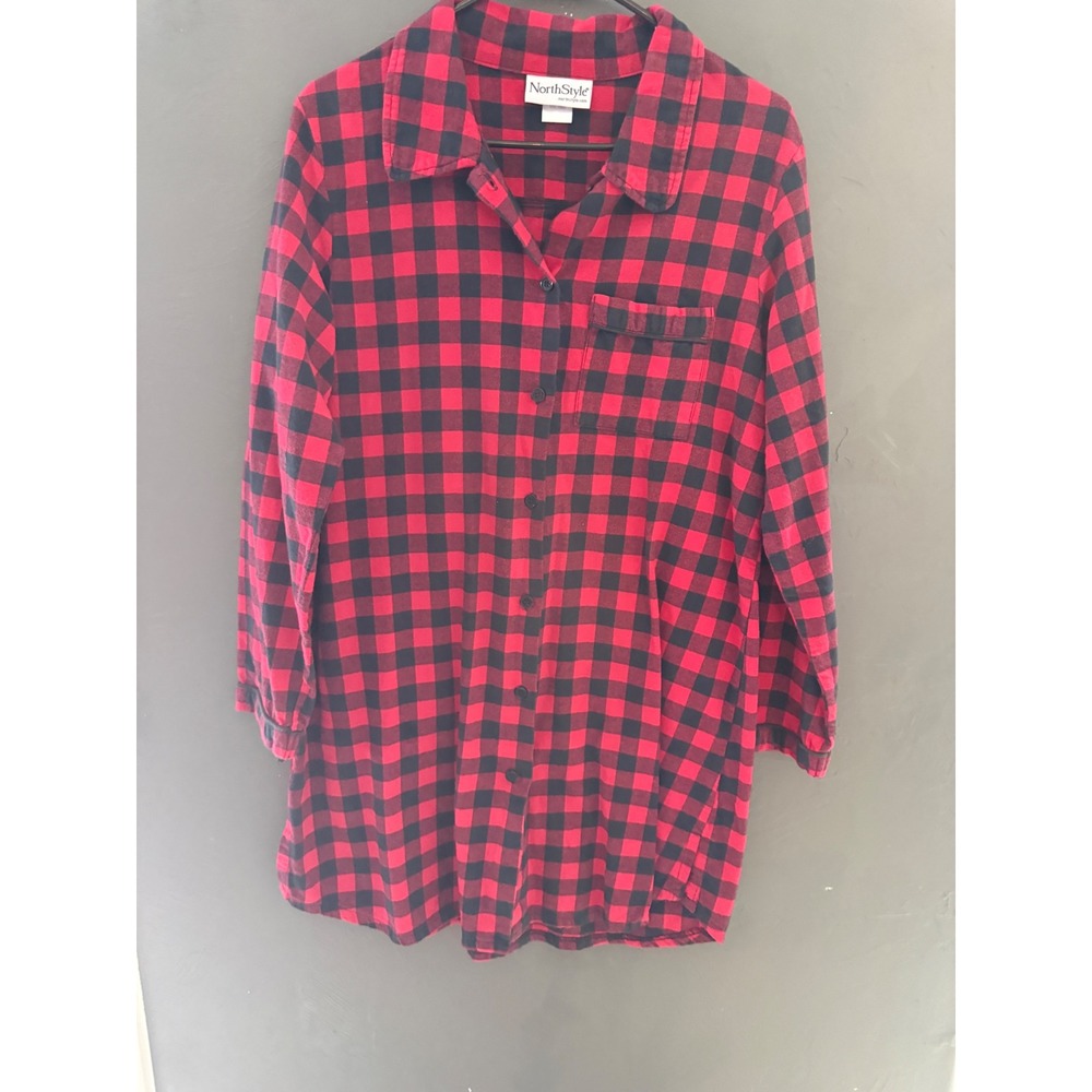 NorthStyle Vtg 90s Red Black Buffalo Plaid Flannel Sleep Shirt M Cotton Cabin